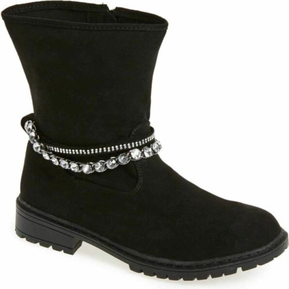 New Stuart Weitzman Girls Black Moto Boots Short Rhinestone  5 US/ 35 EU - Picture 1 of 9